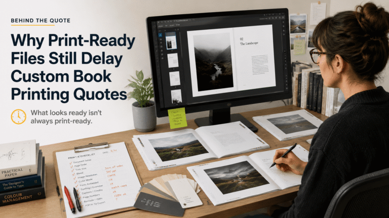 Print-ready files for custom book printing being checked with proofs, page spreads, paper samples, and production notes.