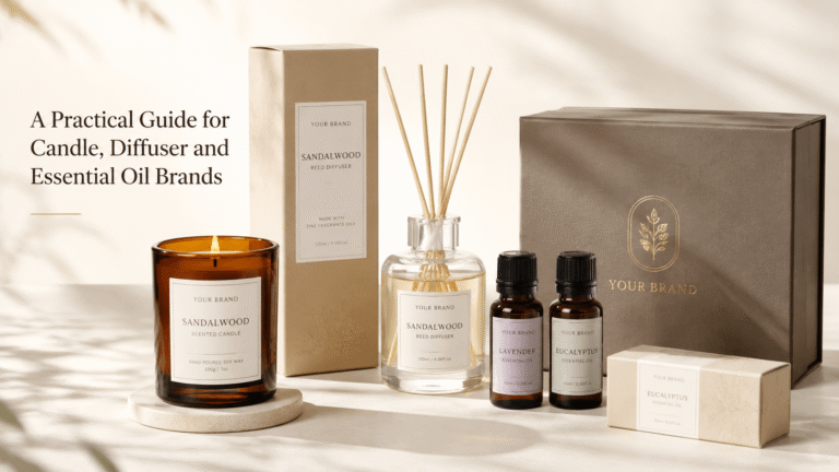 Custom aromatherapy packaging for candles, reed diffusers and essential oil bottles