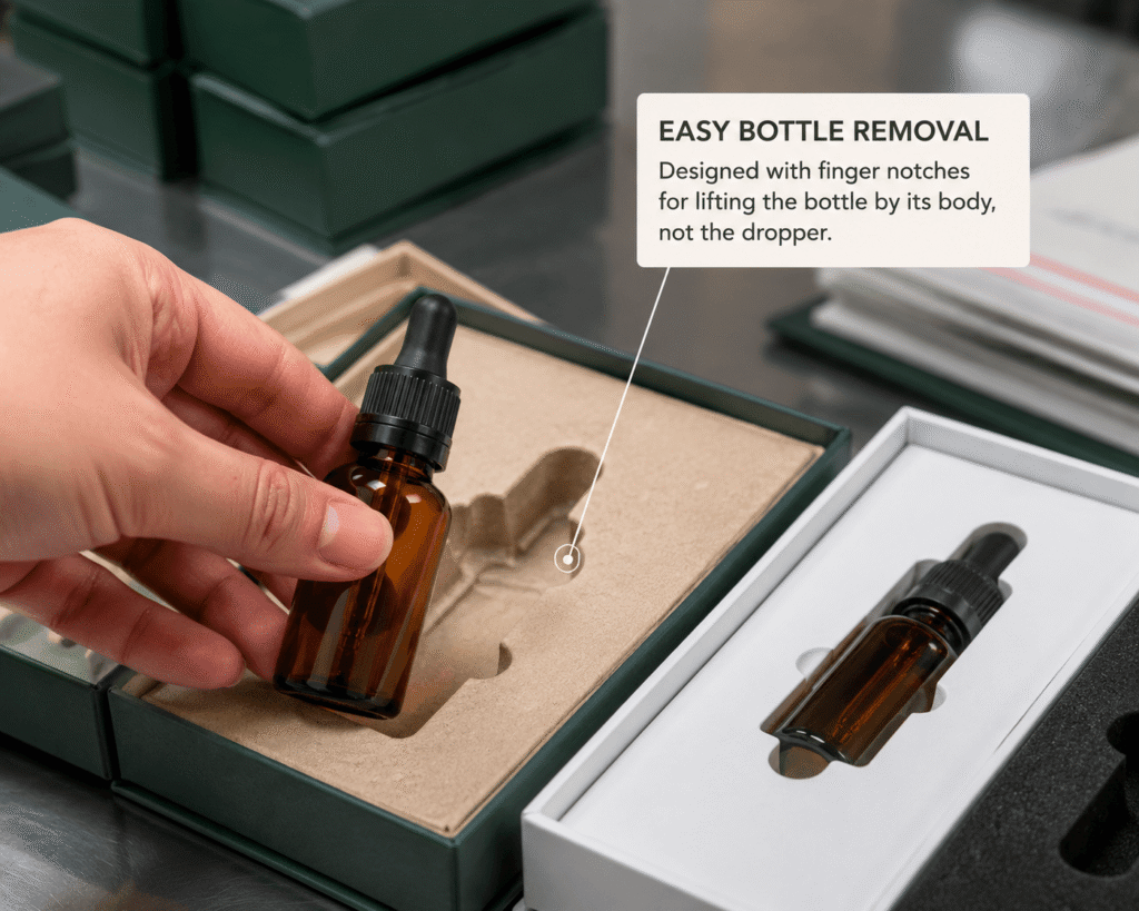 How to Choose an Essential Oil Gift Box Insert: EVA vs Paperboard vs Molded Pulp 3 Die-cut EVA foam insert fitted around essential oil bottles