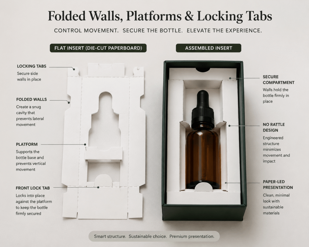 How to Choose an Essential Oil Gift Box Insert: EVA vs Paperboard vs Molded Pulp 4 Folded paperboard insert supporting glass essential oil bottles