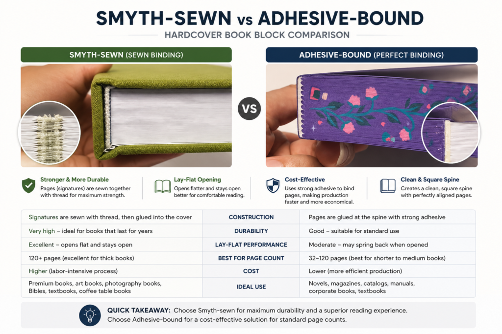 How Much Does It Cost to Print a Hardcover Book? A Practical Buyer's Guide 3 Smyth-sewn and adhesive-bound hardcover book block comparison