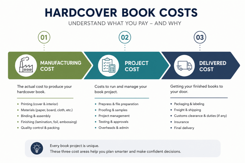 How Much Does It Cost to Print a Hardcover Book? A Practical Buyer's Guide 2 Hardcover book landed cost breakdown from manufacturing to delivery