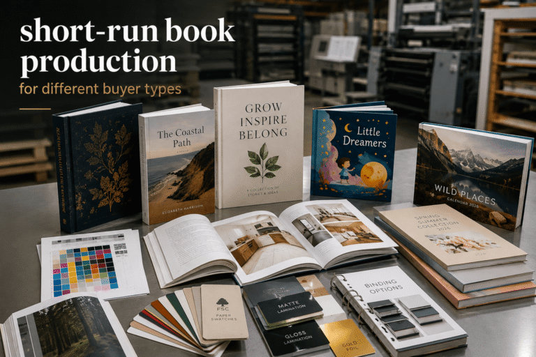 Short-run book printing samples including hardcover books, paperbacks, art books and catalogs
