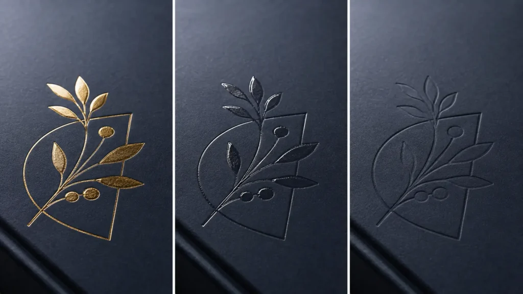 Foil Stamping, Spot UV, Debossing or Sprayed Edges? A Hardcover Book Finishing Guide 2 Close-up comparison of foil stamping, spot UV and debossing on book covers