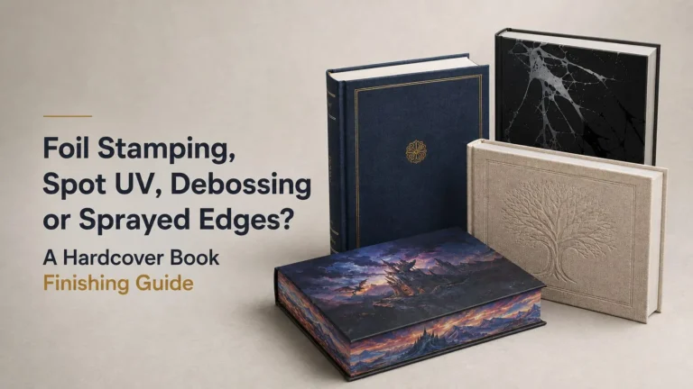 Hardcover book finishing options with foil stamping, spot UV, debossing and sprayed edges