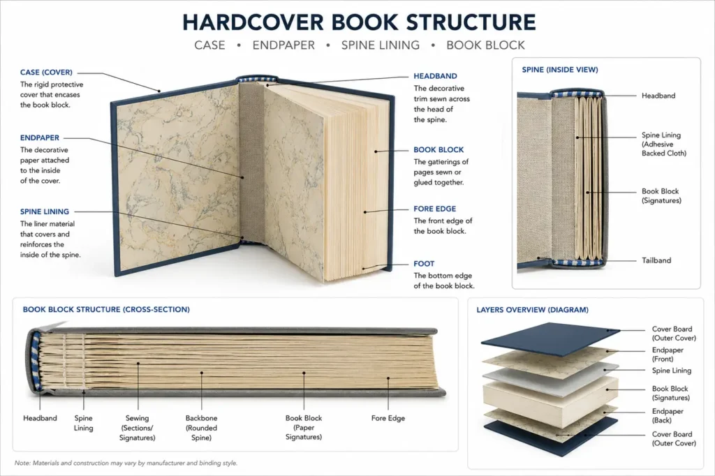 Smyth Sewn vs PUR Binding for Hardcover Books: Which Should Publishers Choose? 2 Hardcover case, endpaper, spine lining and book block structure diagram