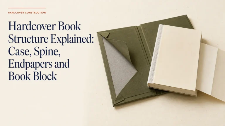 Hardcover book structure showing case, boards, spine, endpapers and book block