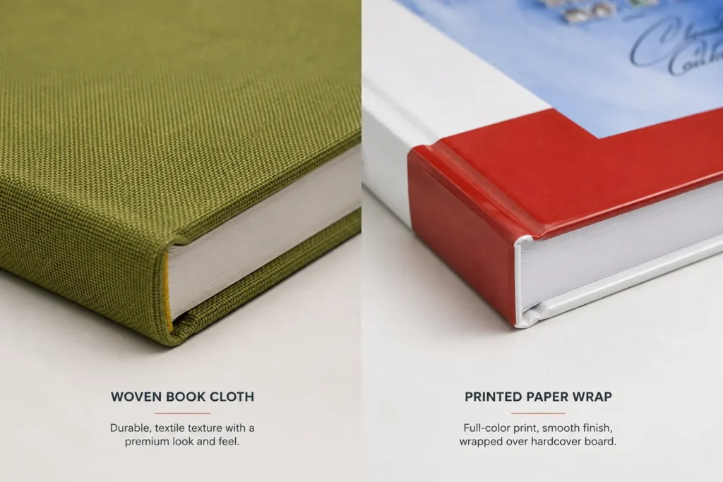 Book Cloth vs Printed Paper Case: How to Choose a Hardcover Cover Material 2 Close-up of woven book cloth and printed paper wrapped over hardcover board
