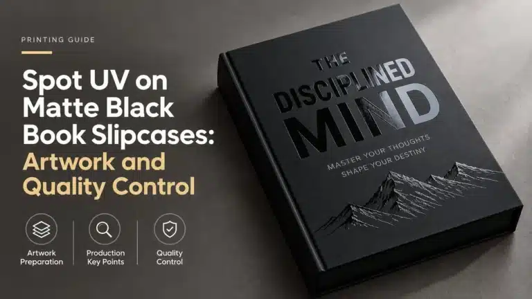 Spot UV on Matte Black Book Slipcases: Artwork and Quality Control 2 Gloss spot UV pattern revealed on a matte black book slipcase