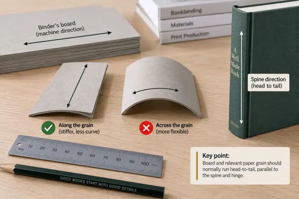 Why Hardcover Book Covers Warp: Moisture, Grain and Case-Making Controls 4 Checking binder's board grain direction parallel to a hardcover spine
