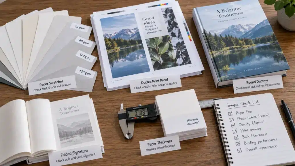 Book Printing Paper Guide: Choose by Opacity, Bulk, Shade and Surface 4 Book paper approval pack with swatches, duplex proof and bound dummy
