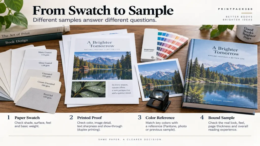 Coated vs Uncoated Book Paper: Color, Readability and Binding Compared 4 Book paper approval from swatch to printed proof and bound sample