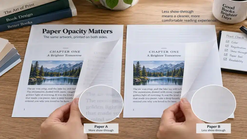 Book Printing Paper Guide: Choose by Opacity, Bulk, Shade and Surface 3 Two-sided printed book paper opacity and show-through test