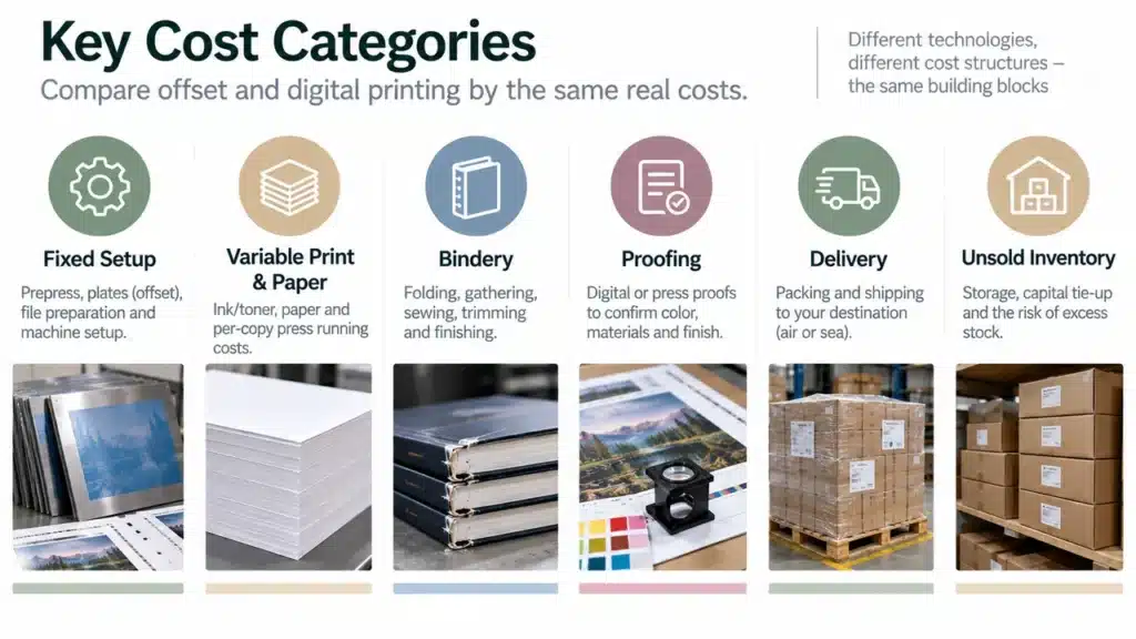 Offset vs Digital Book Printing: Choose by Specification, Not a Copy-Count Rule 3 Book printing total cost components for offset and digital orders