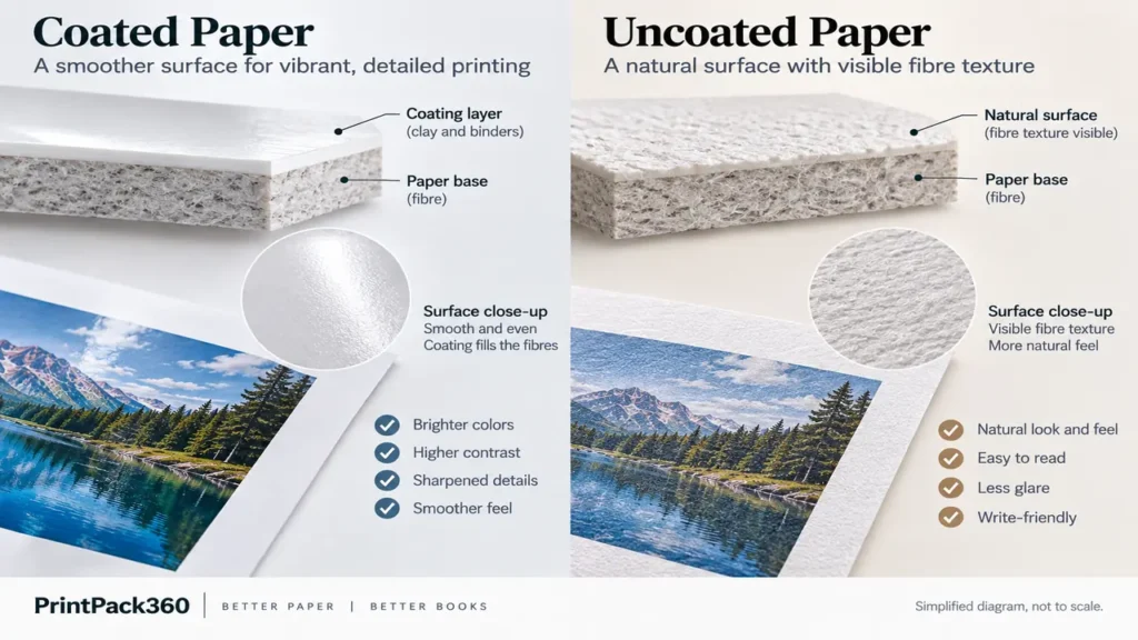 Coated vs Uncoated Book Paper: Color, Readability and Binding Compared 2 Diagram showing coated and uncoated paper surface structure