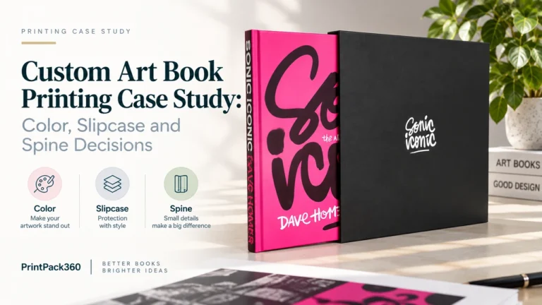 Custom Art Book Printing Case Study: Color, Slipcase and Spine Decisions 3 310 mm square hardcover art book beside its custom black slipcase