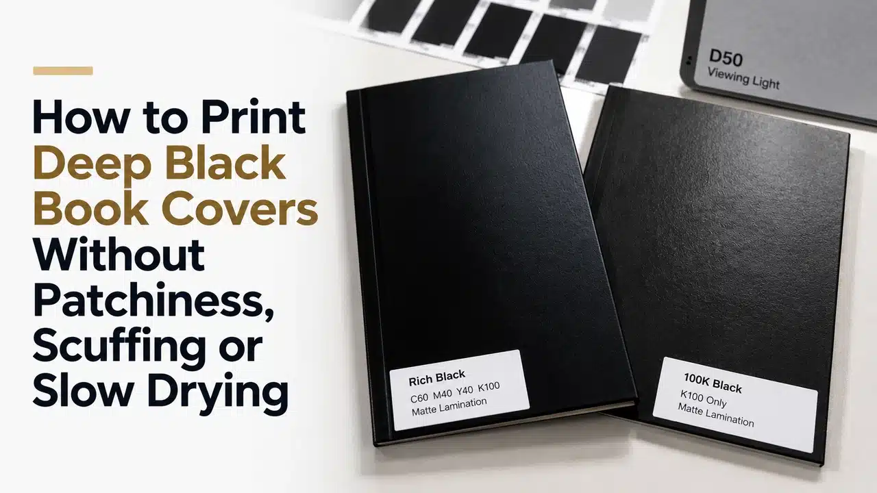 How to Print Deep Black Book Covers Without Patchiness, Scuffing or Slow Drying 1 Rich black and 100K black hardcover samples compared after matte lamination