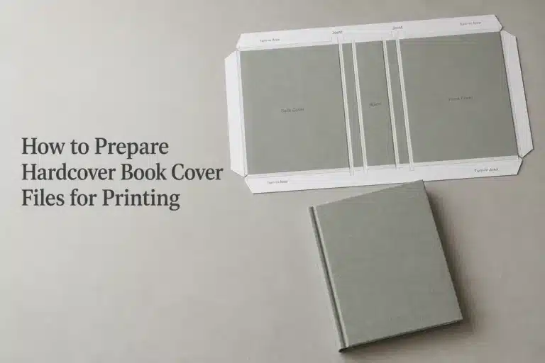 Hardcover book cover file template beside a finished casebound book