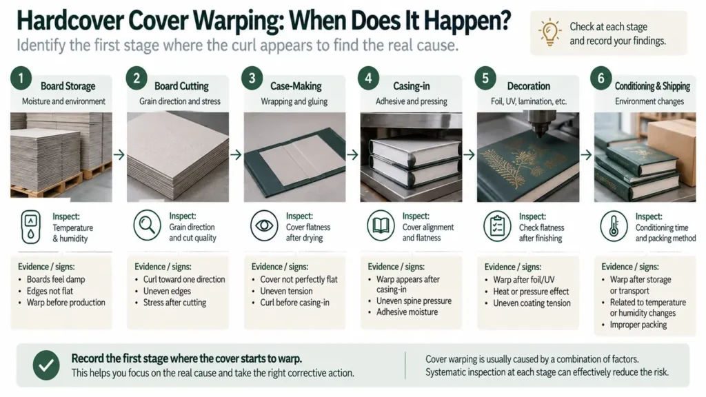 Why Hardcover Book Covers Warp: Moisture, Grain and Case-Making Controls 3 Hardcover cover warping diagnosis by production stage