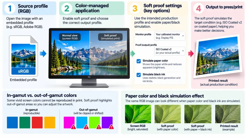 Why Do Printed Colors Look Different From Your Screen? 3 Soft-proof setup showing a named output profile, paper-color simulation and black-ink simulation