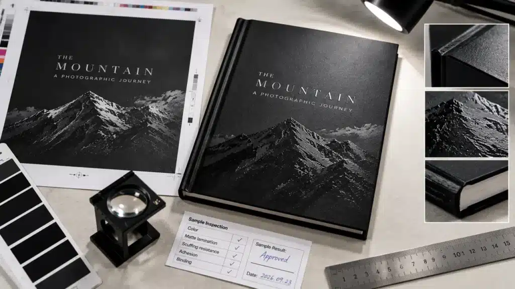 How to Print Deep Black Book Covers Without Patchiness, Scuffing or Slow Drying 5 Matte black hardcover inspected under directional light after lamination and binding