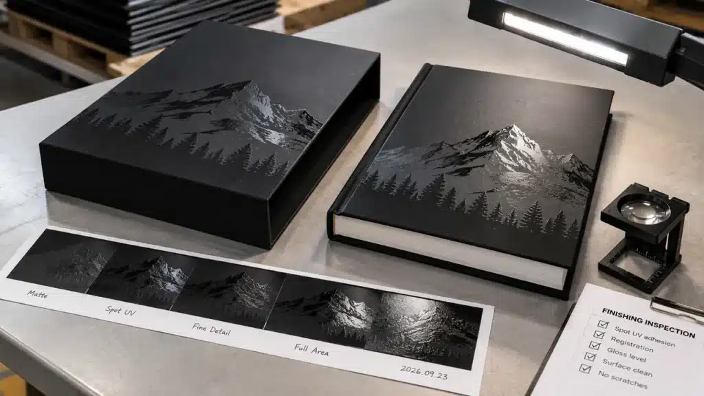 Spot UV on Matte Black Book Slipcases: Artwork and Quality Control 4 Matte black spot UV slipcase inspected after curing with its finished book