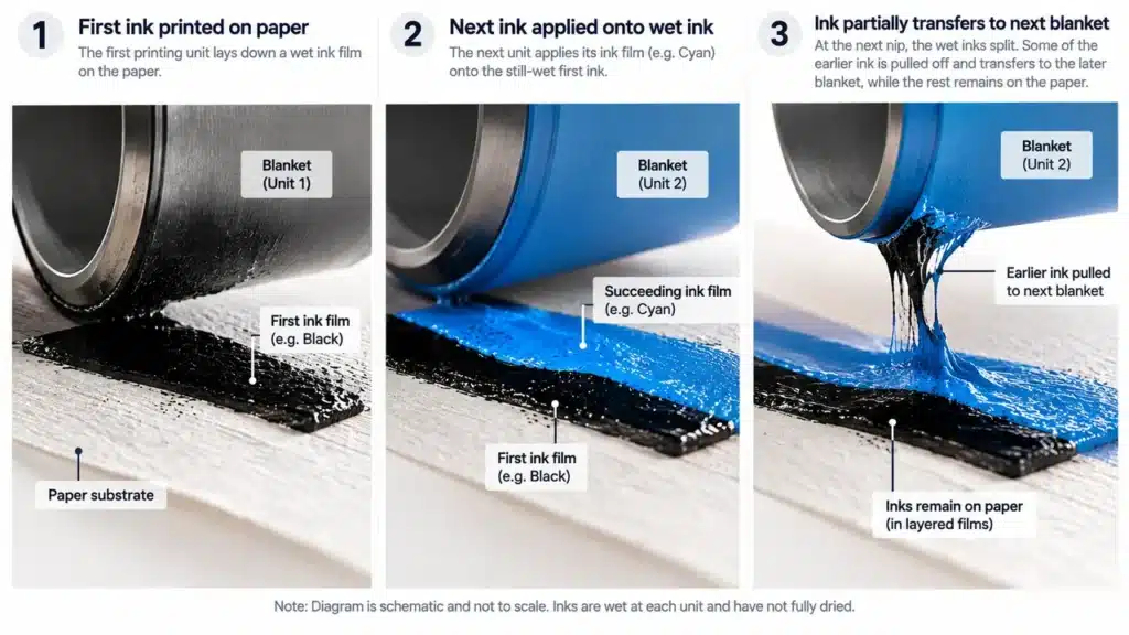 Why Is Yellow Often Printed Last in KCMY? Tack, Trapping and Pressroom Tolerance 2 Cross-section of later offset ink transferring onto an earlier wet ink film on paper