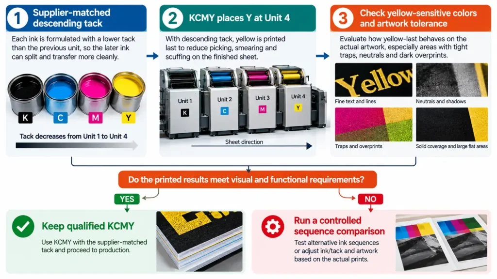Why Is Yellow Often Printed Last in KCMY? Tack, Trapping and Pressroom Tolerance 3 Technical decision graphic connecting descending tack, KCMY yellow-last and artwork-dependent pressroom tolerance