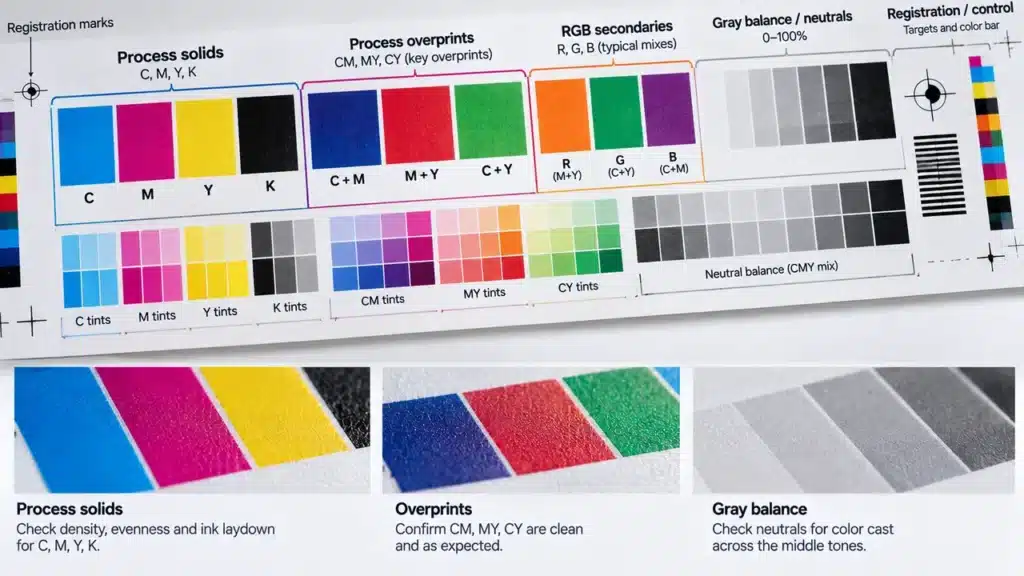 Why Is Yellow Often Printed Last in KCMY? Tack, Trapping and Pressroom Tolerance 4 Offset control-strip layout showing process solids, overprints and gray-balance patches for sequence approval