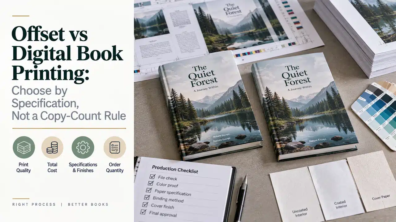 Offset vs Digital Book Printing: Choose by Specification, Not a Copy-Count Rule 1 Two finished books with offset and digital print samples for specification comparison