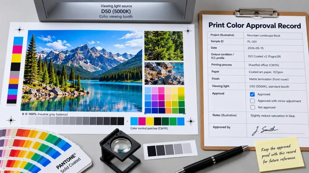 Why Do Printed Colors Look Different From Your Screen? 4 Print color approval record beside a proof with paper, output condition, finish and viewing-light fields