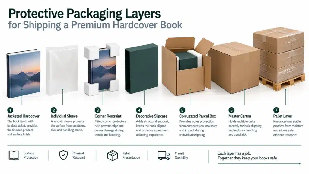 How to Prevent Hardcover Book Shipping Damage: Packaging, Moisture and Transit Controls 2 Protective packaging layers for shipping a premium hardcover book