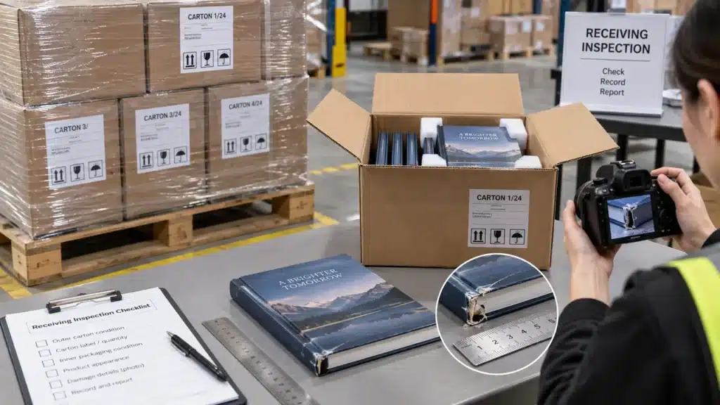 How to Prevent Hardcover Book Shipping Damage: Packaging, Moisture and Transit Controls 4 Receiving inspection photographs for a damaged hardcover book shipment