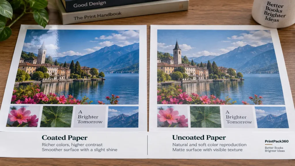 Coated vs Uncoated Book Paper: Color, Readability and Binding Compared 3 Same color photograph printed on coated and uncoated book paper