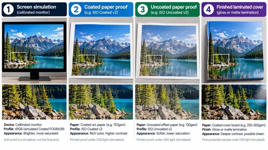 Why Do Printed Colors Look Different From Your Screen? 2 The same image compared across screen simulation, coated-paper proof, uncoated-paper proof and finished laminated cover
