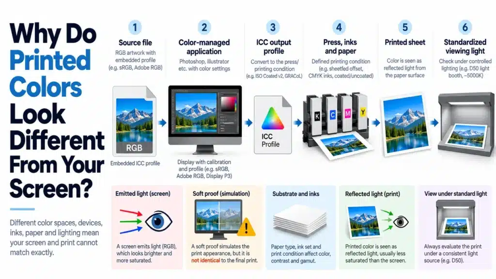 Color workflow from profiled display through ICC output profile to printed paper under controlled viewing light