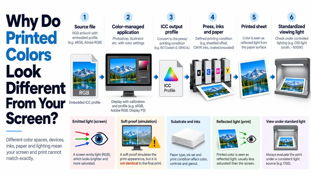 Why Do Printed Colors Look Different From Your Screen? 1 Color workflow from profiled display through ICC output profile to printed paper under controlled viewing light