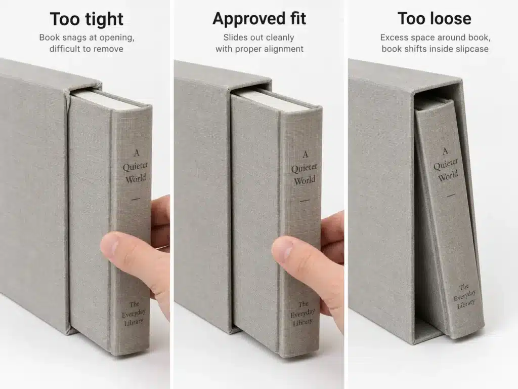 How to Measure a Book for a Slipcase: Fit, Clearance and Sample Control 4 Book slipcase fit comparison showing tight, approved and loose conditions