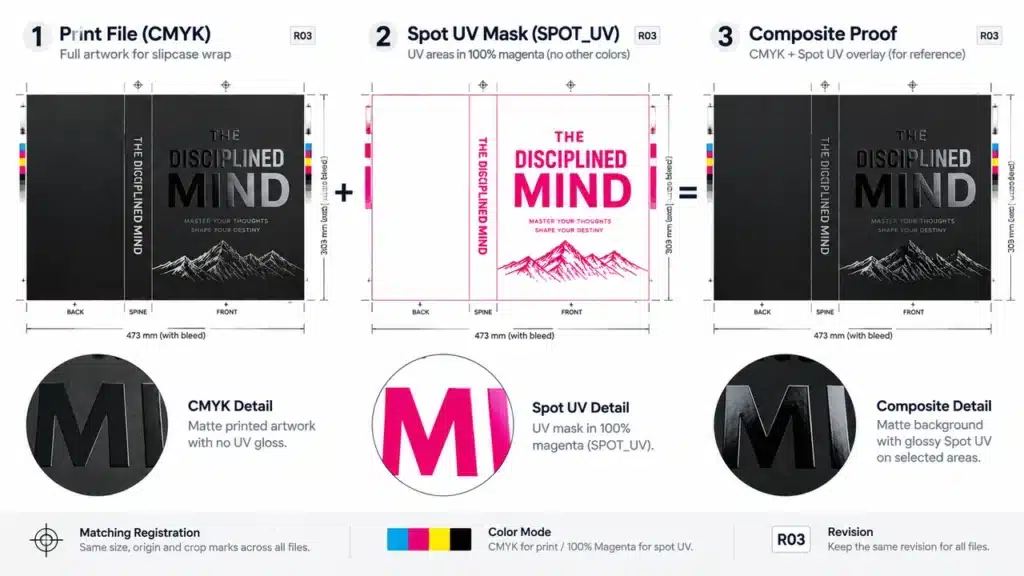Spot UV on Matte Black Book Slipcases: Artwork and Quality Control 2 Print artwork, spot UV mask and composite proof for a book slipcase