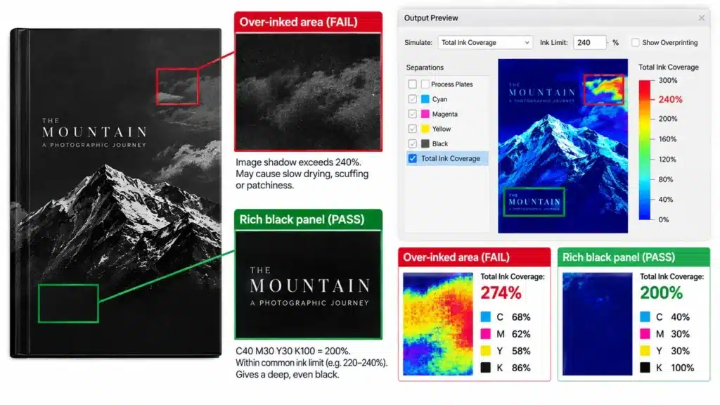 How to Print Deep Black Book Covers Without Patchiness, Scuffing or Slow Drying 3 Total ink coverage warning identifying over-inked areas in a black book cover PDF