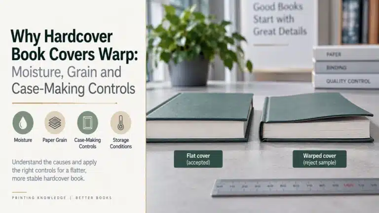 Flat hardcover beside a hardcover book with a warped front cover