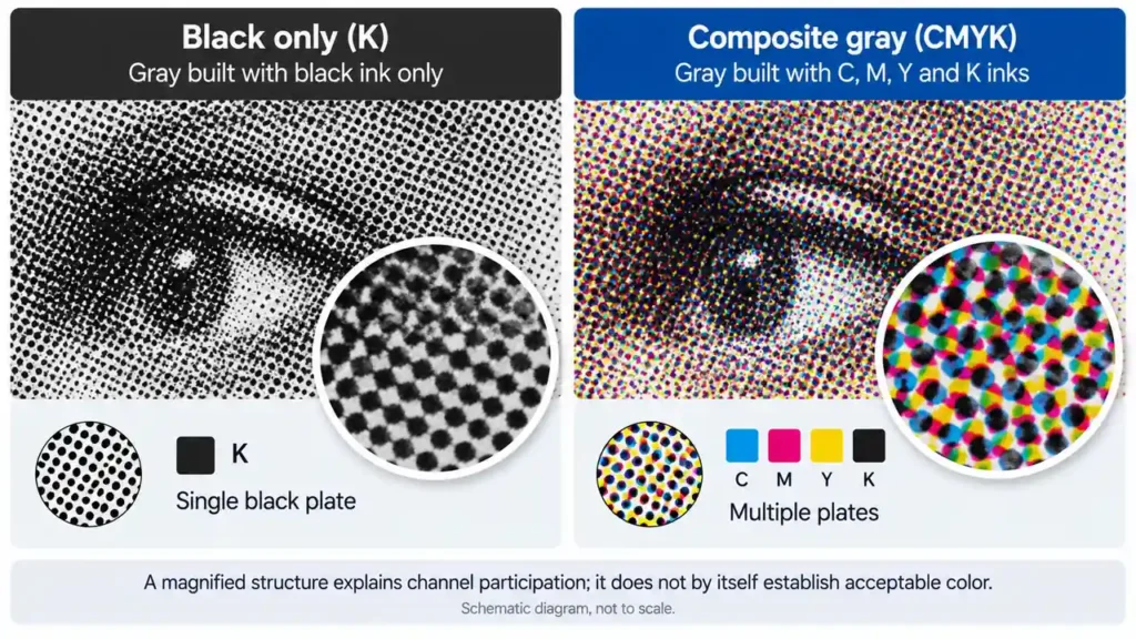 CMYK Gray Balance: Why Neutral Grays Print Green or Magenta 3 Enlarged black-only halftone dots beside multicolor dots in a composite gray area.