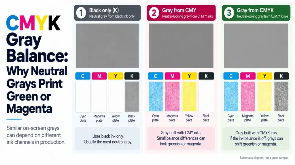 CMYK gray balance diagram comparing black-only, CMY and composite CMYK printing channels