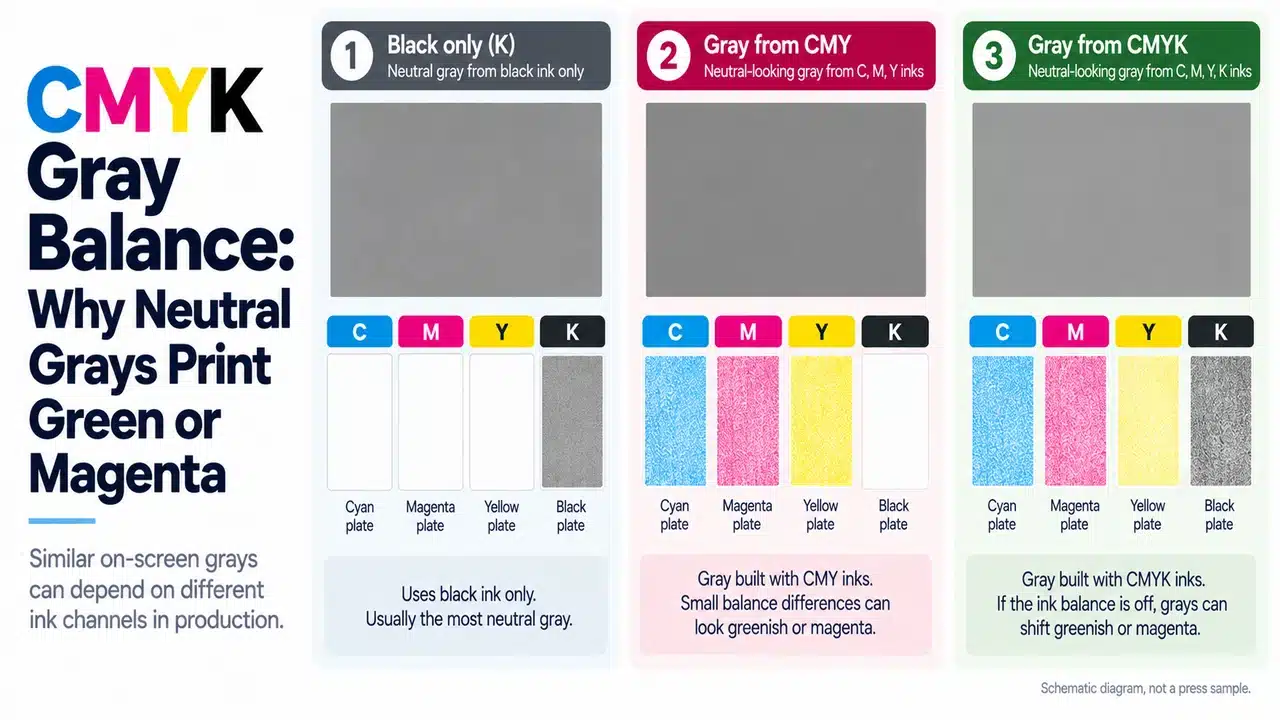 CMYK Gray Balance: Why Neutral Grays Print Green or Magenta 1 CMYK gray balance diagram comparing black-only, CMY and composite CMYK printing channels