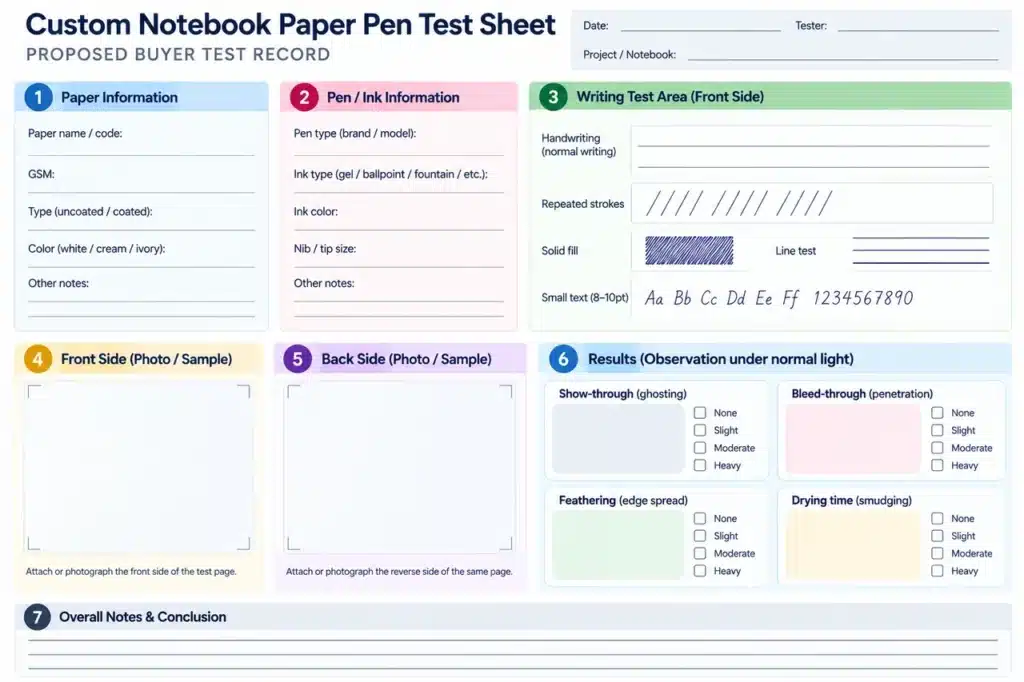 Notebook Paper Bleed-Through vs Ghosting: What Custom Buyers Should Test 2 Notebook paper test template with paper identity, pen and ink fields, matched writing marks and separate results.