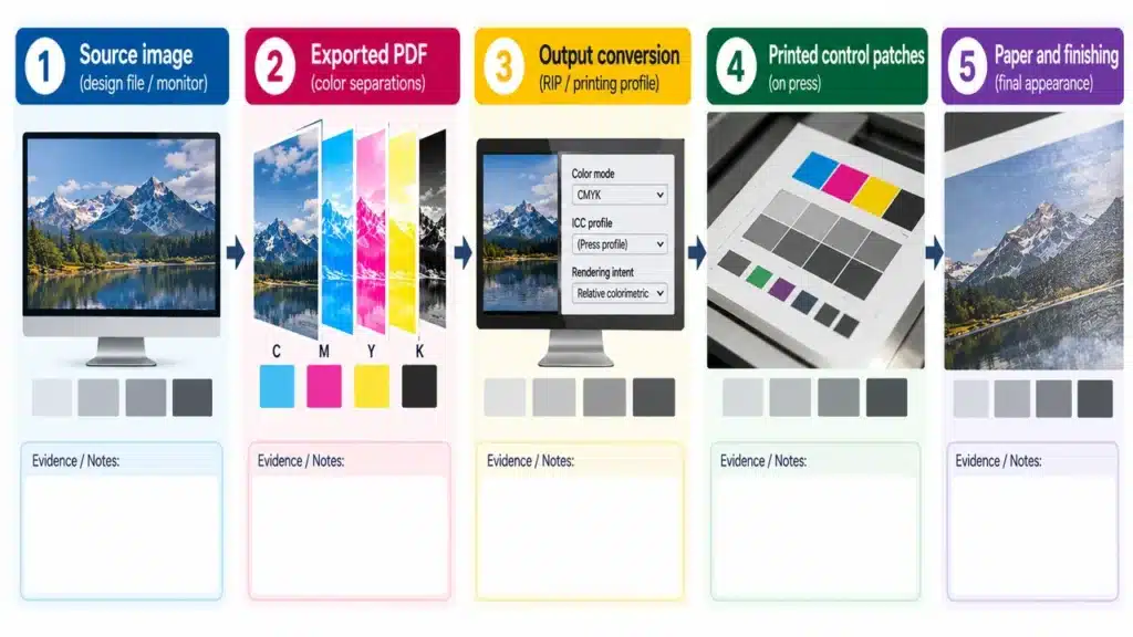 CMYK Gray Balance: Why Neutral Grays Print Green or Magenta 2 Diagnostic flow from source image through PDF conversion and production control to paper and finishing.