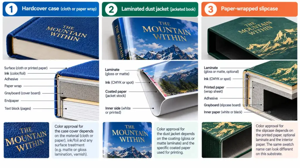 Spot Color vs CMYK for Book Covers: When Is an Extra Ink Worth It? 2 Cross-sections of a printed hardcover case, laminated dust jacket and paper-wrapped slipcase showing their different color-bearing surfaces.