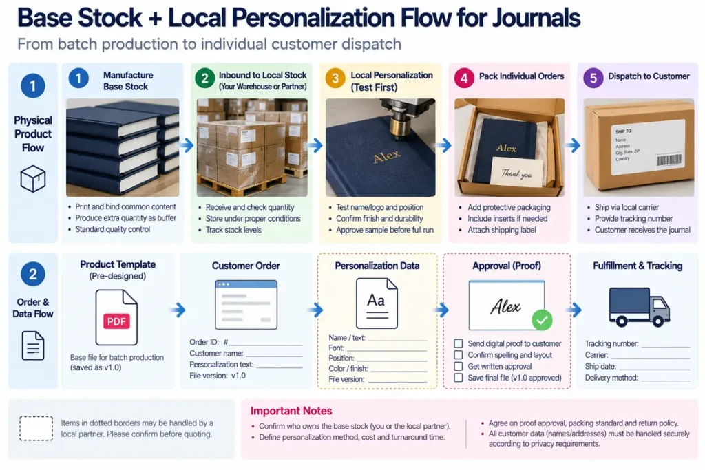 POD vs Small Batch Journal Printing for Etsy Sellers: When Inventory Makes Sense 3 Proposed journal route from common batch production to local name personalization and individual customer dispatch.