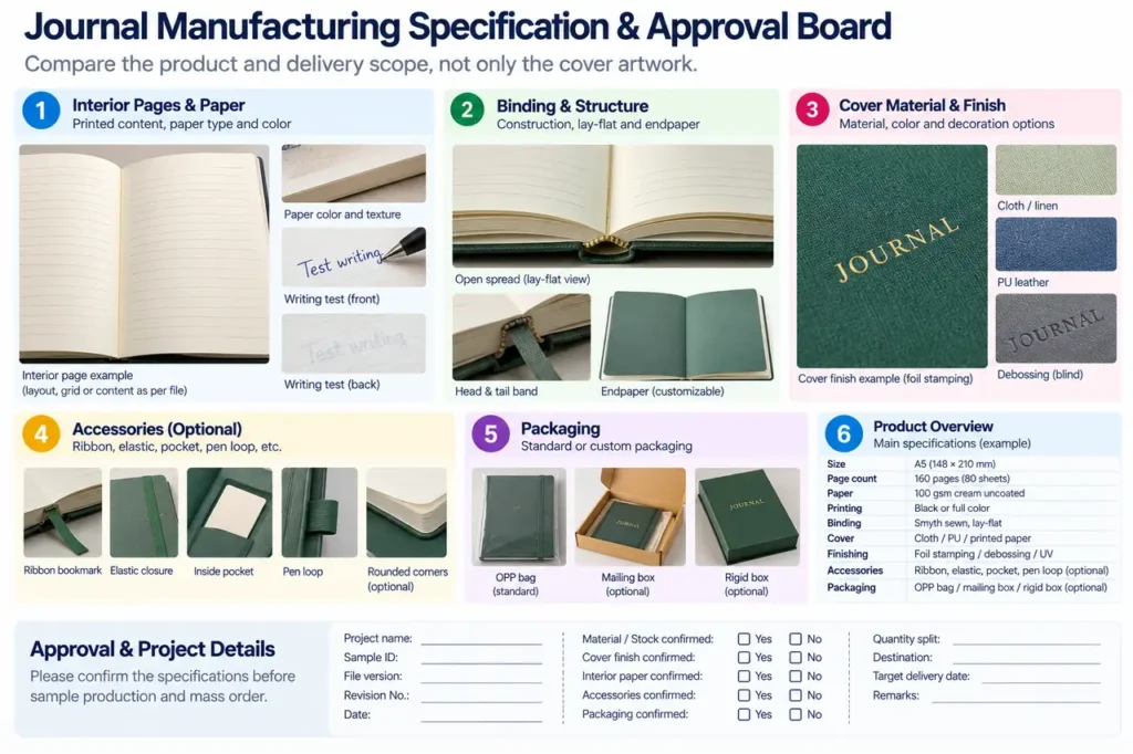 POD vs Small Batch Journal Printing for Etsy Sellers: When Inventory Makes Sense 4 Journal proposal board showing writing paper, bound spread, cover finish, package and approval fields.