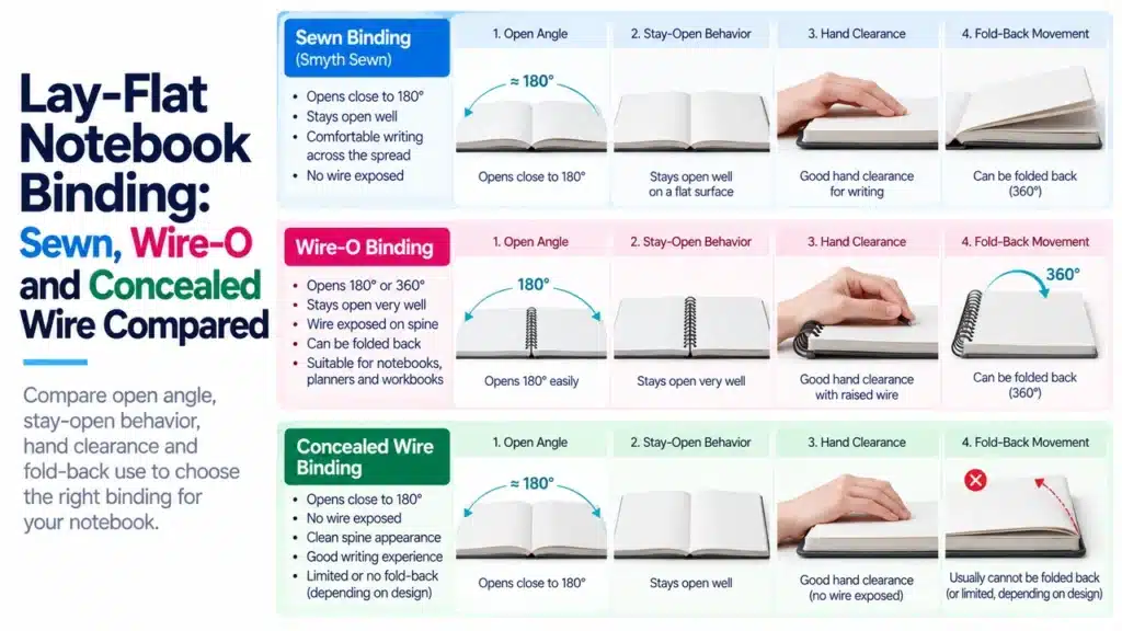Notebook sections comparing open angle, stay-open behavior, hand clearance and fold-back movement
